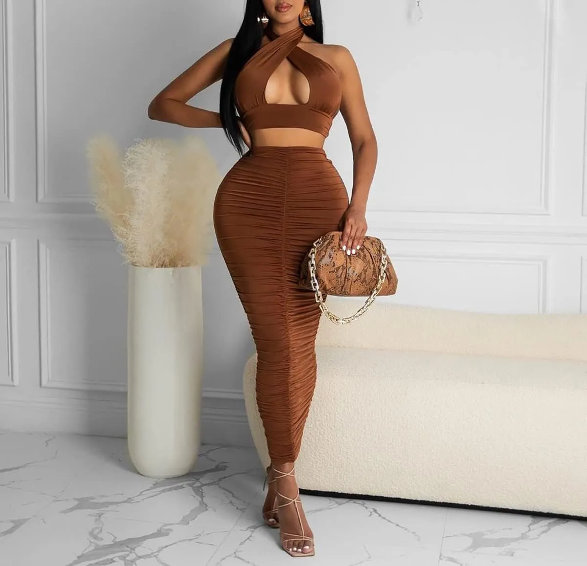 HLSIN Sexy 2 Piece Outfit Halter Crop Top and Bodycon Long Ruched Skirt Set Clubwear