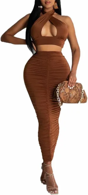 HLSIN Sexy 2 Piece Outfit Halter Crop Top and Bodycon Long Ruched Skirt Set Clubwear