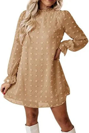 Holiday Dresses for Women Spring Long Sleeve High Neck Swiss Dot Tiered Flowy Tiered Babydoll Shift Mini Dress