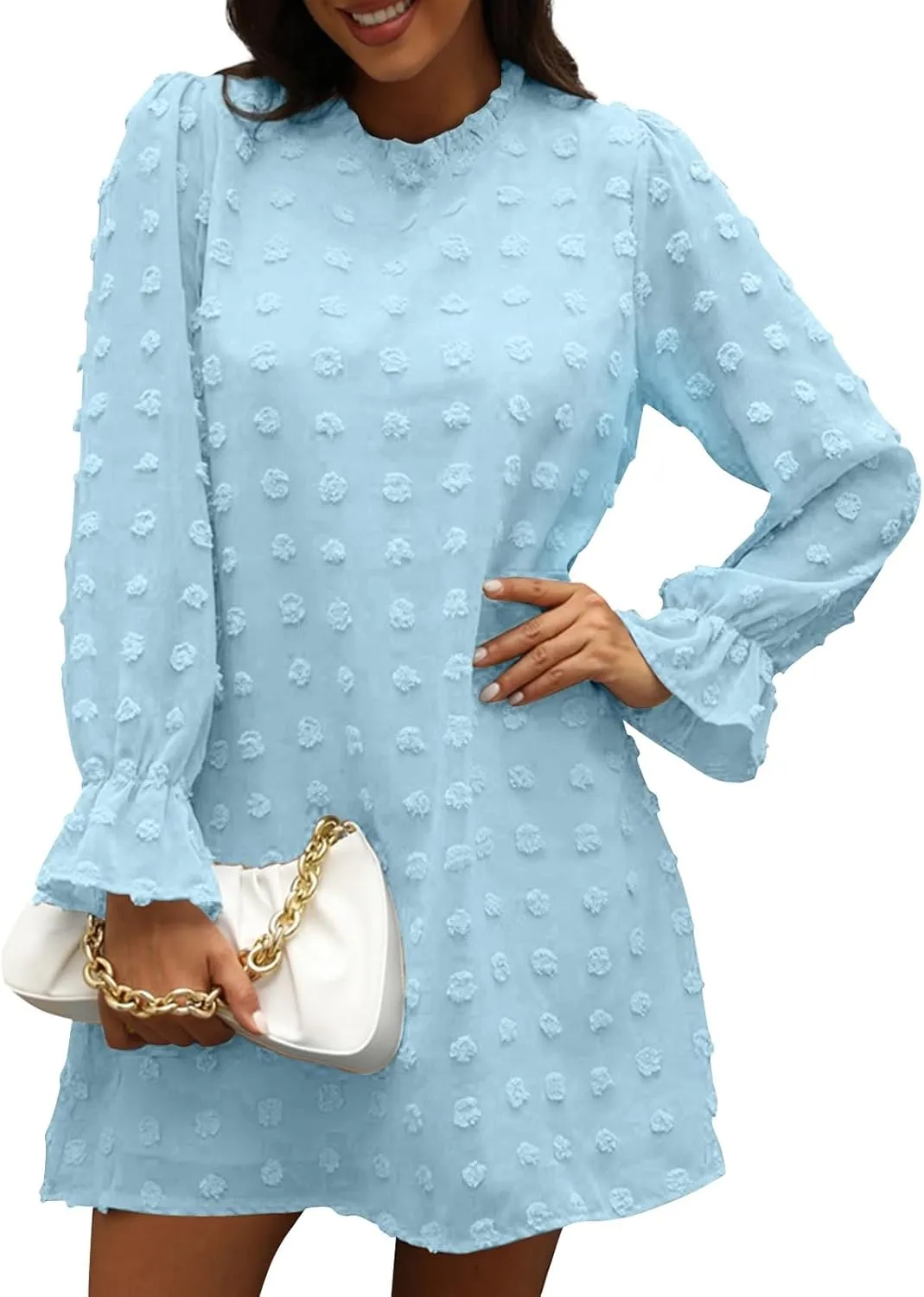 Holiday Dresses for Women Spring Long Sleeve High Neck Swiss Dot Tiered Flowy Tiered Babydoll Shift Mini Dress