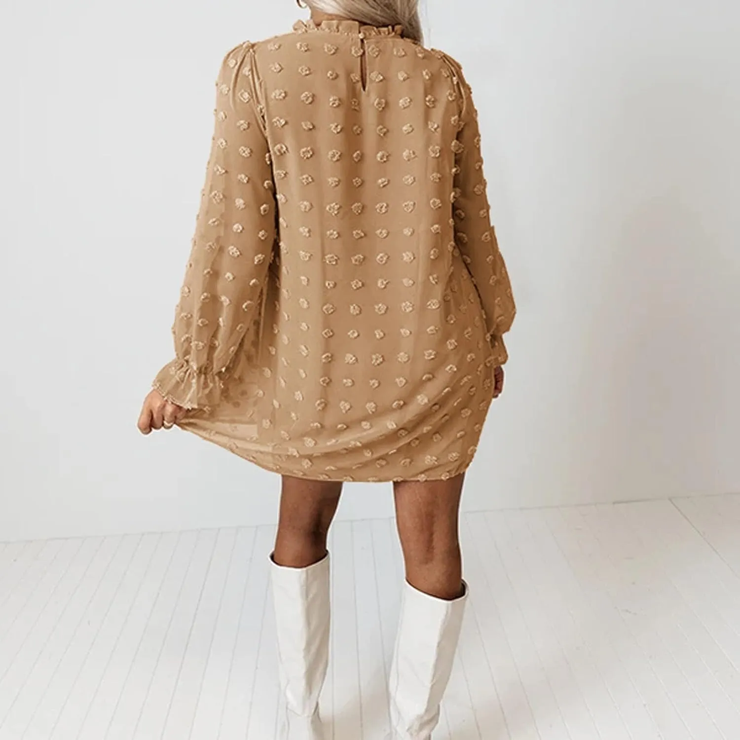 Holiday Dresses for Women Spring Long Sleeve High Neck Swiss Dot Tiered Flowy Tiered Babydoll Shift Mini Dress