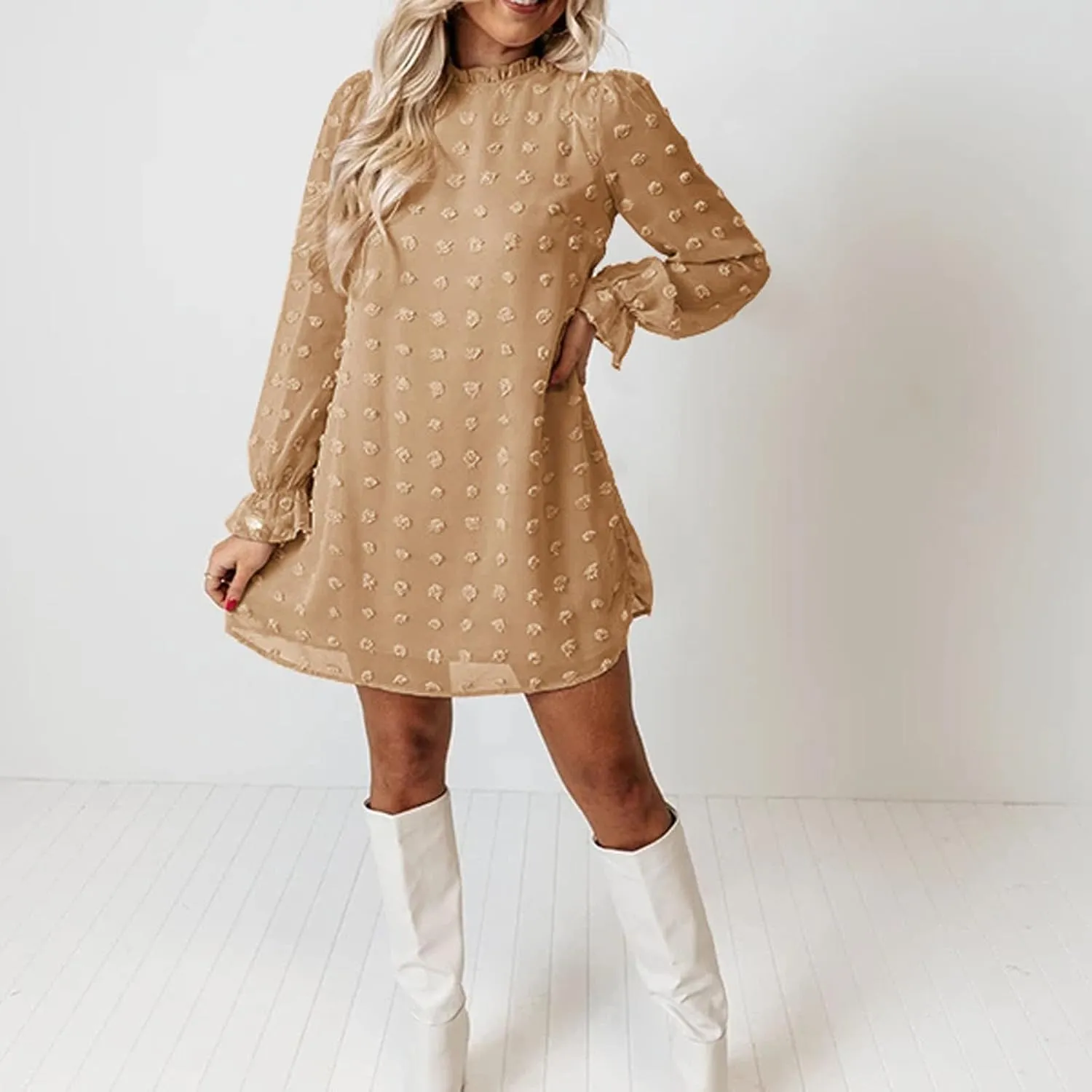 Holiday Dresses for Women Spring Long Sleeve High Neck Swiss Dot Tiered Flowy Tiered Babydoll Shift Mini Dress