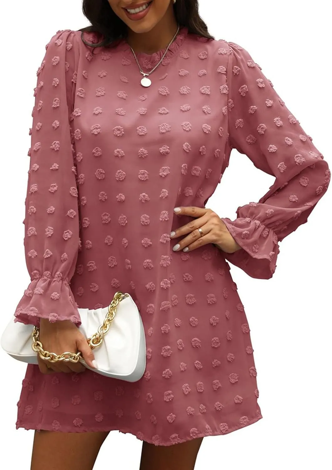 Holiday Dresses for Women Spring Long Sleeve High Neck Swiss Dot Tiered Flowy Tiered Babydoll Shift Mini Dress