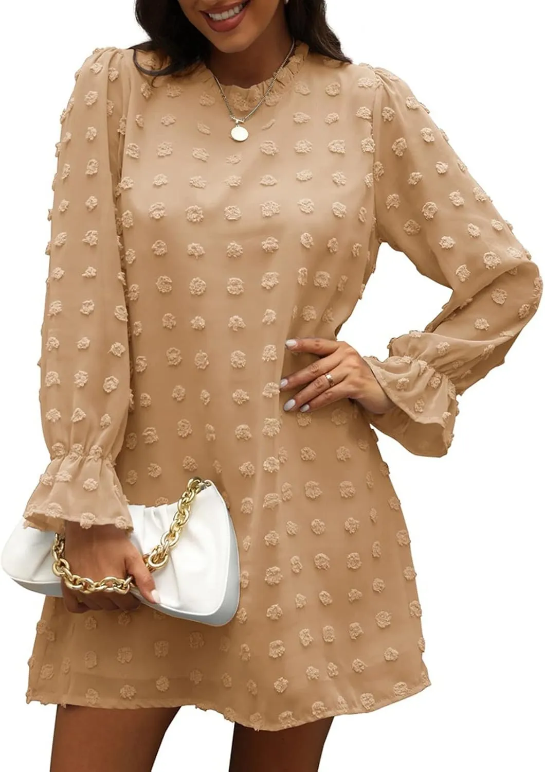 Holiday Dresses for Women Spring Long Sleeve High Neck Swiss Dot Tiered Flowy Tiered Babydoll Shift Mini Dress