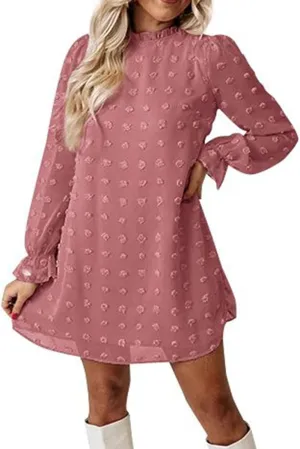 Holiday Dresses for Women Spring Long Sleeve High Neck Swiss Dot Tiered Flowy Tiered Babydoll Shift Mini Dress