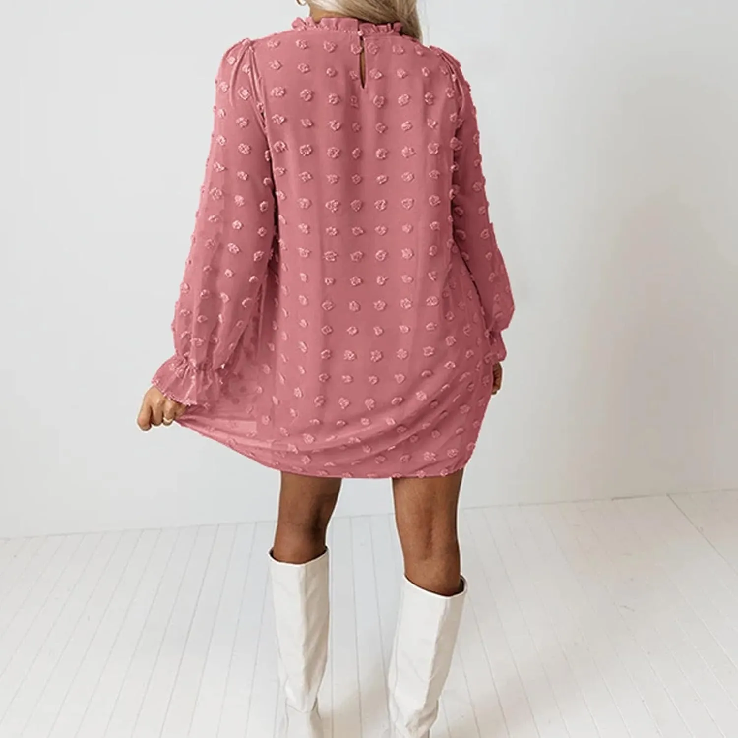 Holiday Dresses for Women Spring Long Sleeve High Neck Swiss Dot Tiered Flowy Tiered Babydoll Shift Mini Dress