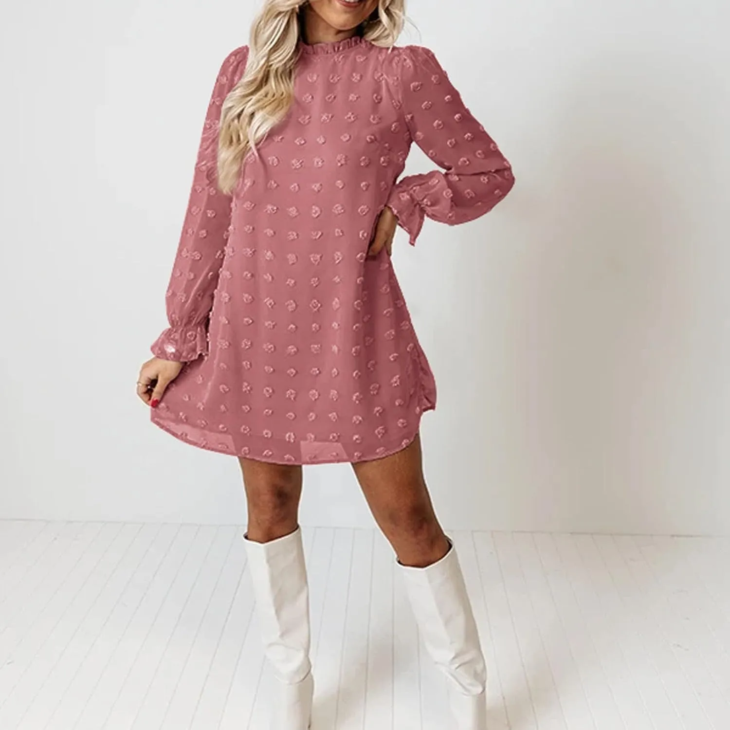 Holiday Dresses for Women Spring Long Sleeve High Neck Swiss Dot Tiered Flowy Tiered Babydoll Shift Mini Dress