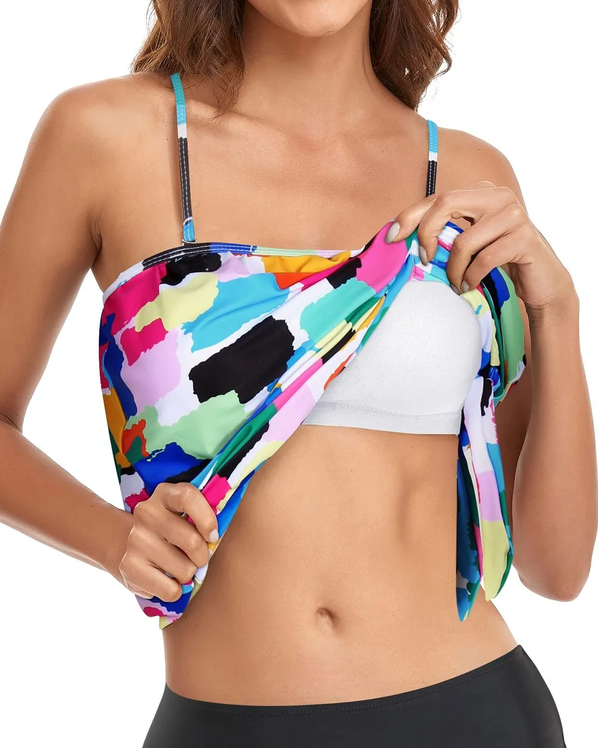 Holipick Strapless Tankini Tops for Women Swimwear Top ONLY Bandeau Bathing Suit Blouson Swimsuit No Bottom