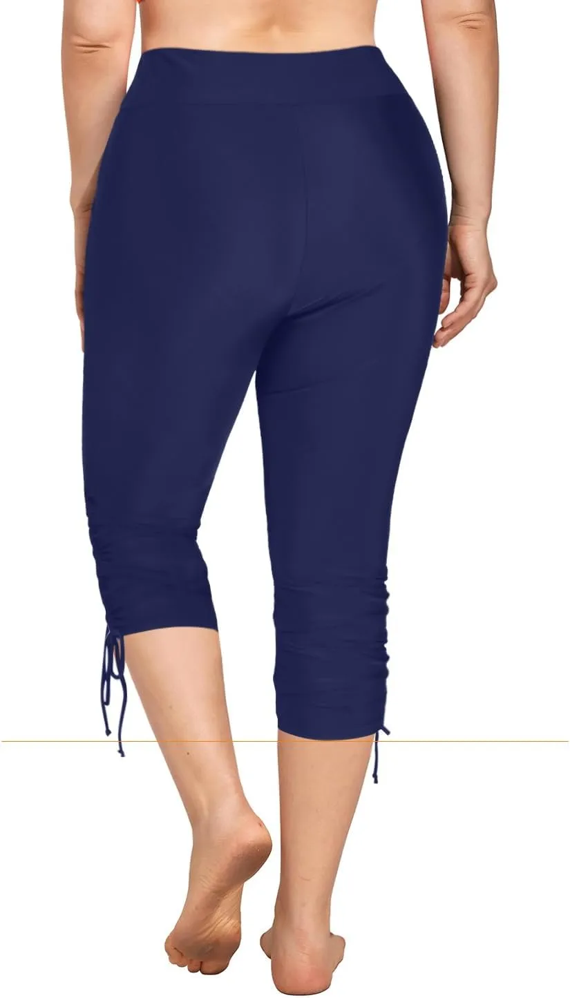 Holipick Womens Plus Size Swim Capris High Waisted Swim Pants Drawstring UPF50  Long Swim Shorts