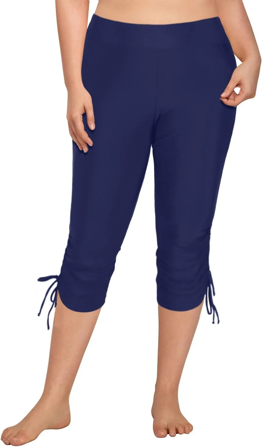 Holipick Womens Plus Size Swim Capris High Waisted Swim Pants Drawstring UPF50  Long Swim Shorts