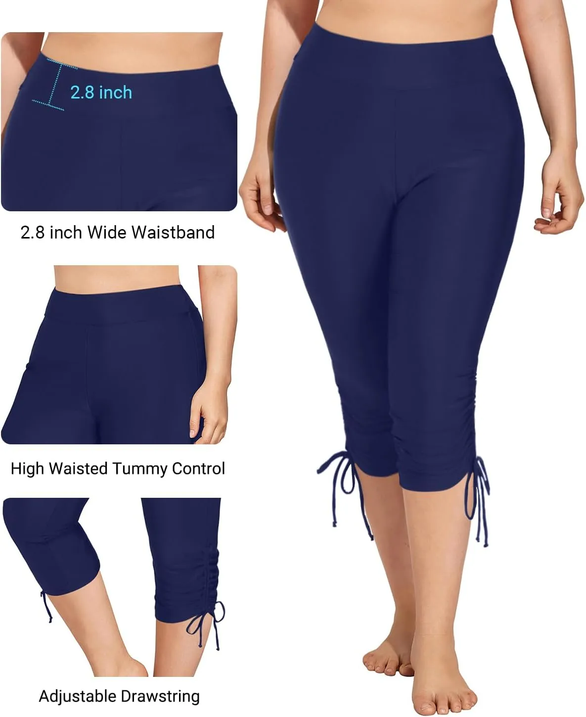 Holipick Womens Plus Size Swim Capris High Waisted Swim Pants Drawstring UPF50  Long Swim Shorts
