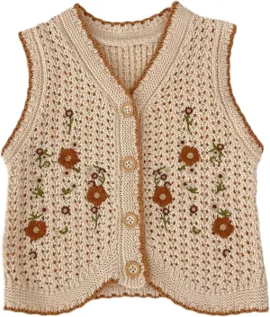 HOOLCHEAN Baby Girls Embroidered Cotton Vintage Sweater Vest Knitted Cardigan