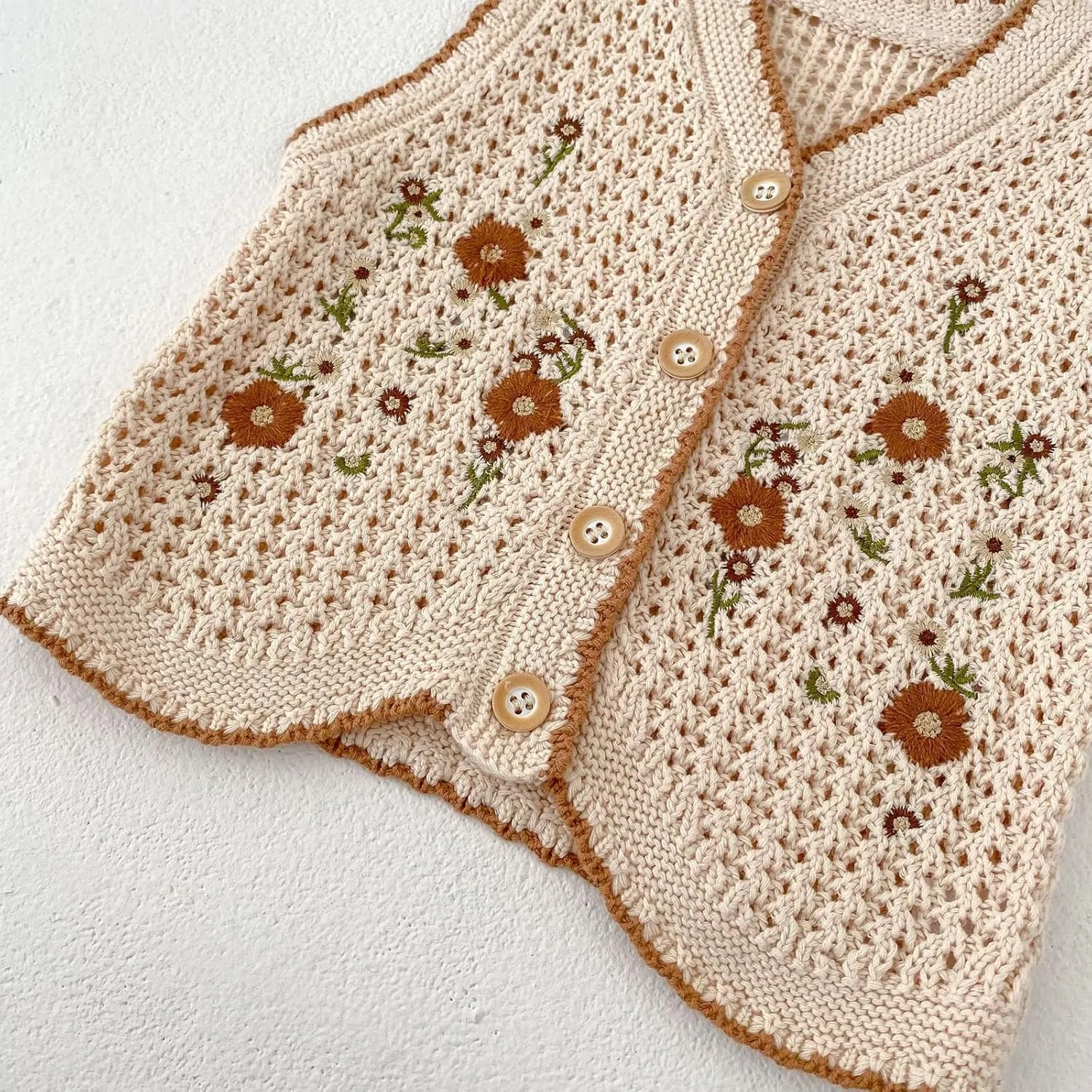 HOOLCHEAN Baby Girls Embroidered Cotton Vintage Sweater Vest Knitted Cardigan
