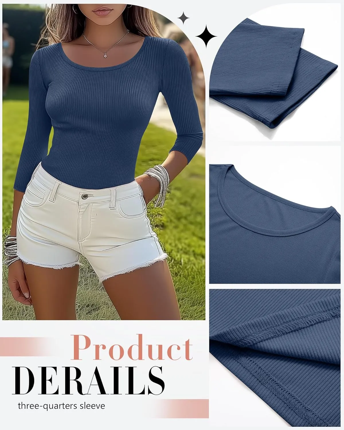 Huukeay 3 Pack Women's Ribbed 3/4 Sleeve Shirts, Scoop Neck Slim Fit Tops Summer Stretchy Casual Base Layer Basic Tee Blouses