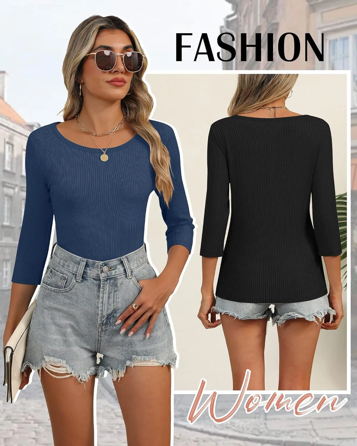 Huukeay 3 Pack Women's Ribbed 3/4 Sleeve Shirts, Scoop Neck Slim Fit Tops Summer Stretchy Casual Base Layer Basic Tee Blouses