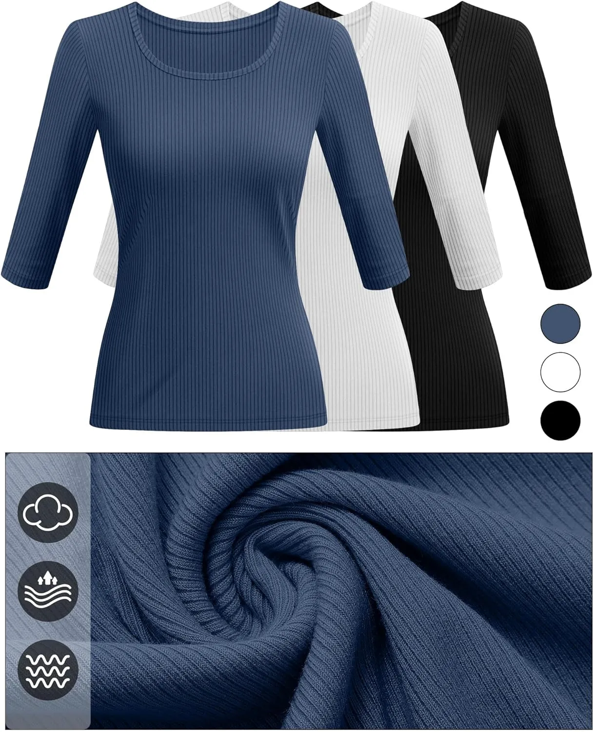 Huukeay 3 Pack Women's Ribbed 3/4 Sleeve Shirts, Scoop Neck Slim Fit Tops Summer Stretchy Casual Base Layer Basic Tee Blouses