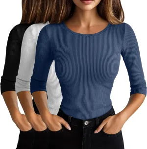 Huukeay 3 Pack Women's Ribbed 3/4 Sleeve Shirts, Scoop Neck Slim Fit Tops Summer Stretchy Casual Base Layer Basic Tee Blouses