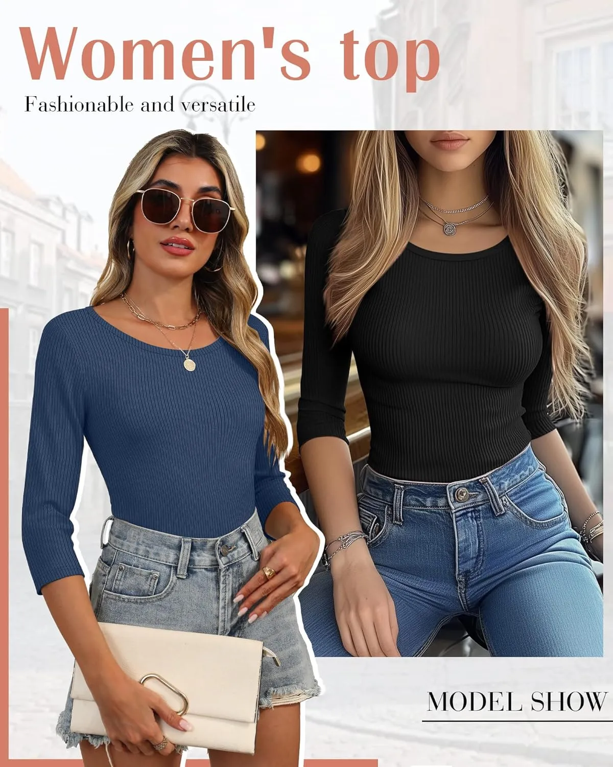 Huukeay 3 Pack Women's Ribbed 3/4 Sleeve Shirts, Scoop Neck Slim Fit Tops Summer Stretchy Casual Base Layer Basic Tee Blouses