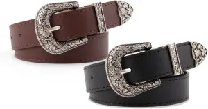 INOGIH Adjustable-Vintage-Western-Cowboy-Belt Women Men - Cowboy-Style Engraved-Buckle Belt for Jeans Pants Dresses