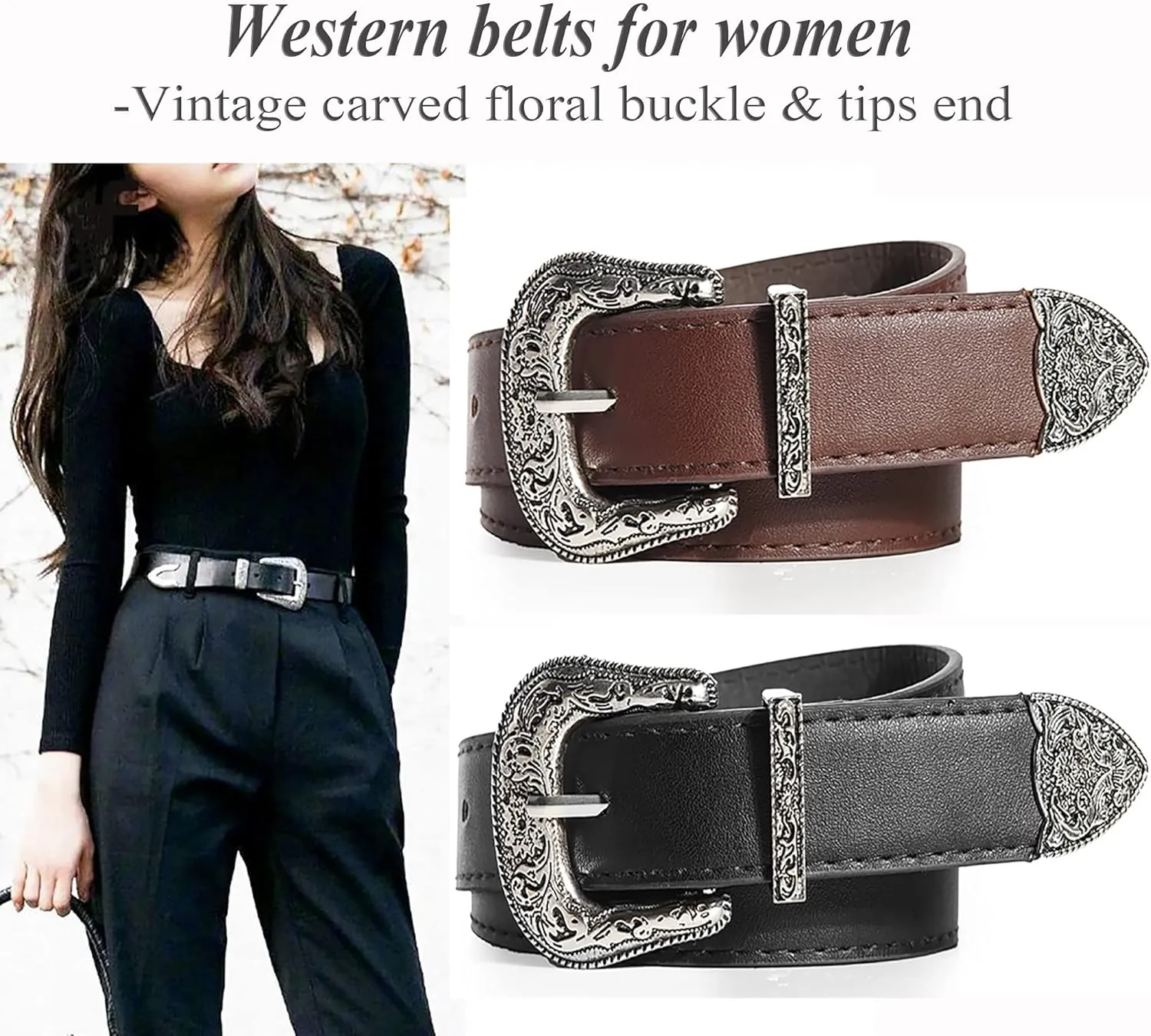 INOGIH Adjustable-Vintage-Western-Cowboy-Belt Women Men - Cowboy-Style Engraved-Buckle Belt for Jeans Pants Dresses
