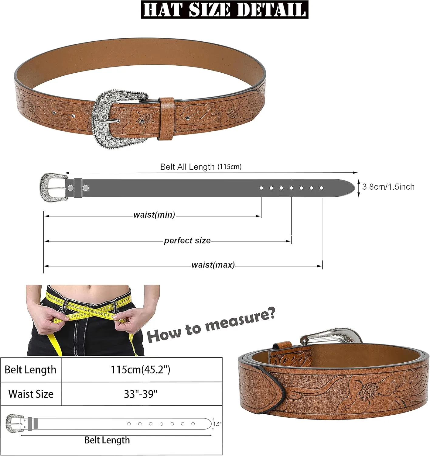INOGIH Adjustable-Vintage-Western-Cowboy-Belt Women Men - Cowboy-Style Engraved-Buckle Belt for Jeans Pants Dresses