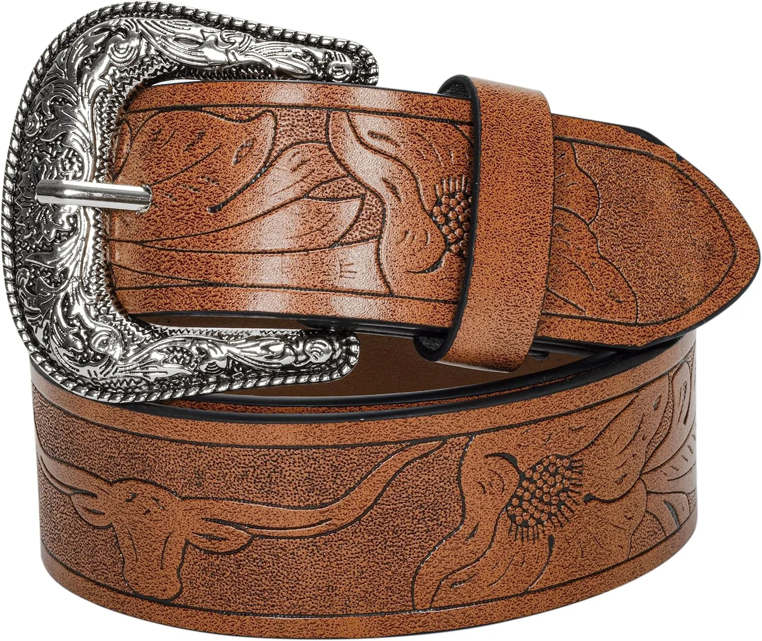 INOGIH Adjustable-Vintage-Western-Cowboy-Belt Women Men - Cowboy-Style Engraved-Buckle Belt for Jeans Pants Dresses