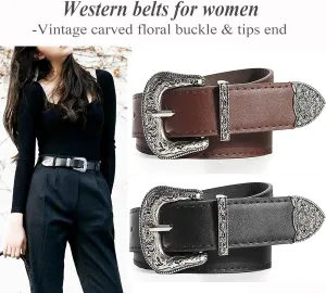 INOGIH Adjustable-Vintage-Western-Cowboy-Belt Women Men - Cowboy-Style Engraved-Buckle Belt for Jeans Pants Dresses