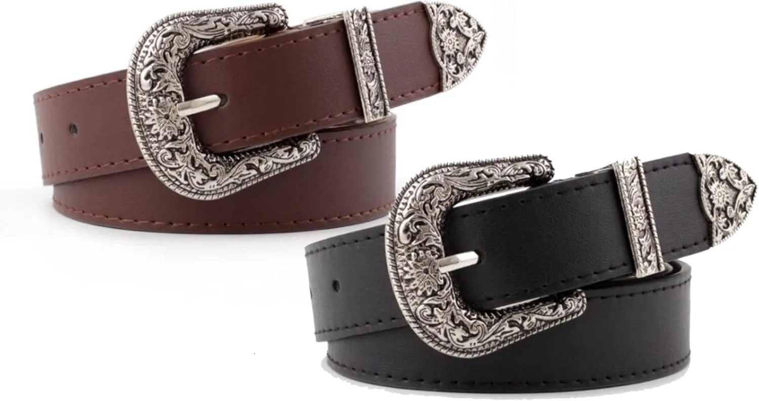INOGIH Adjustable-Vintage-Western-Cowboy-Belt Women Men - Cowboy-Style Engraved-Buckle Belt for Jeans Pants Dresses