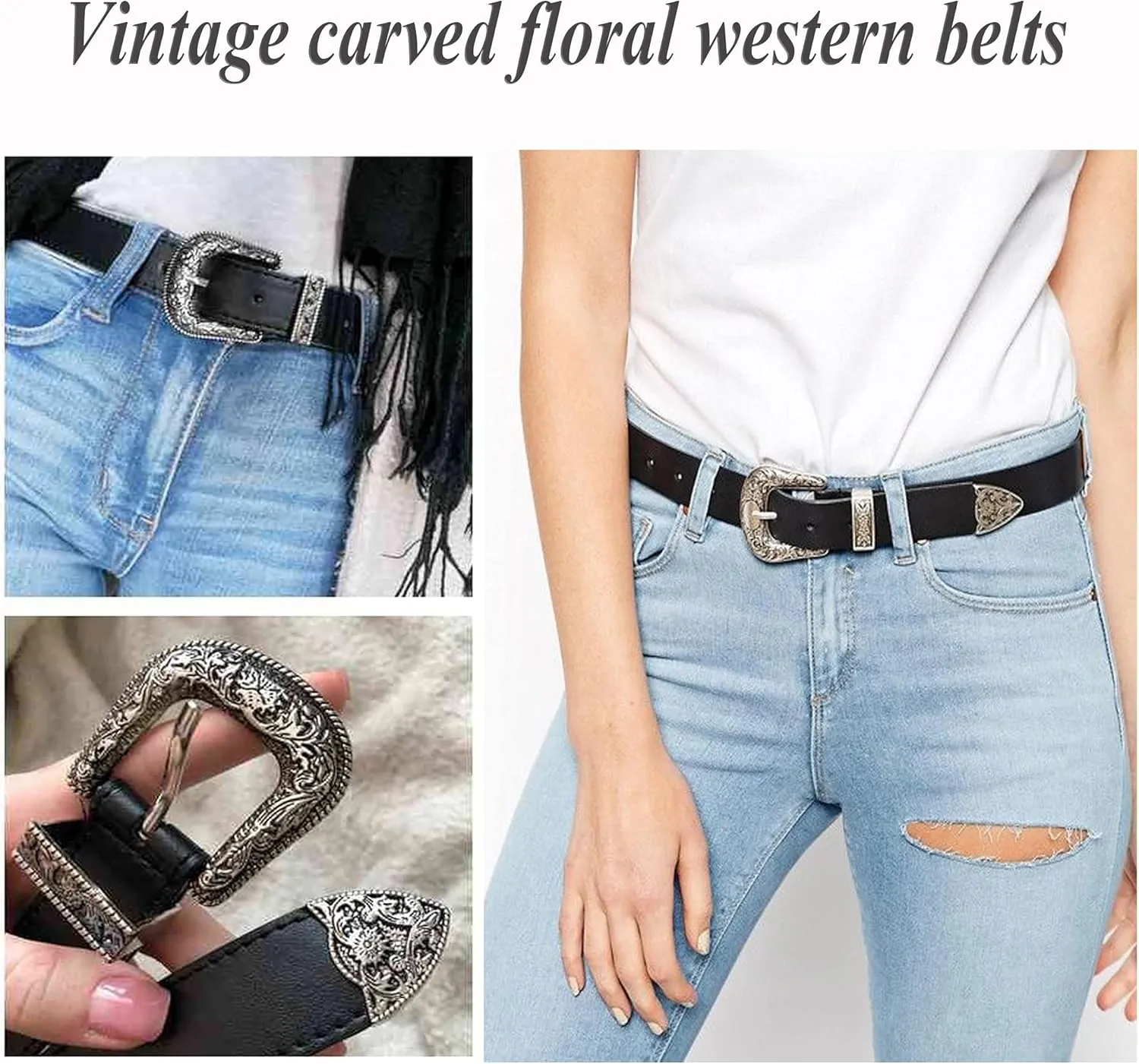 INOGIH Adjustable-Vintage-Western-Cowboy-Belt Women Men - Cowboy-Style Engraved-Buckle Belt for Jeans Pants Dresses