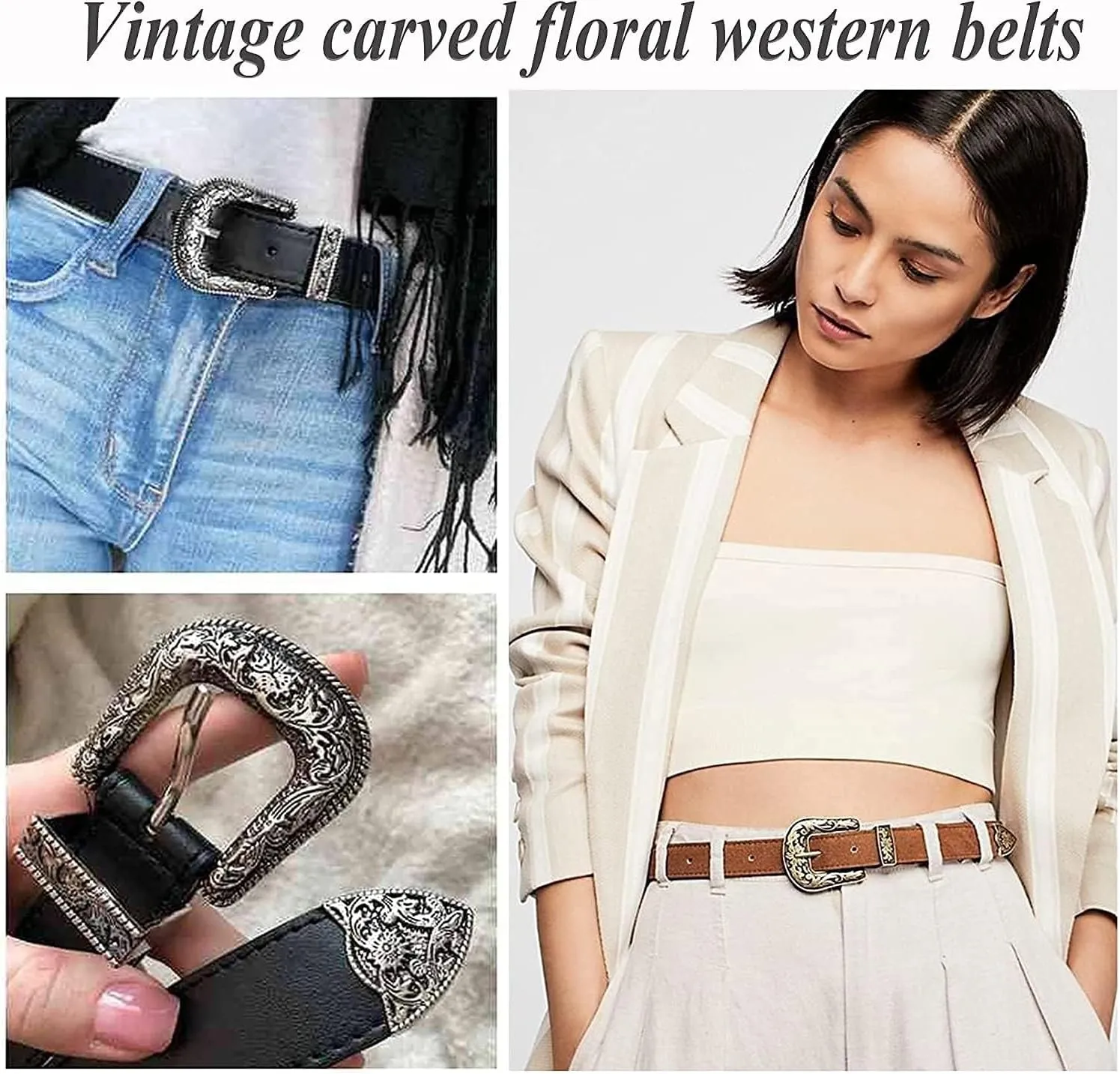 INOGIH Adjustable-Vintage-Western-Cowboy-Belt Women Men - Cowboy-Style Engraved-Buckle Belt for Jeans Pants Dresses