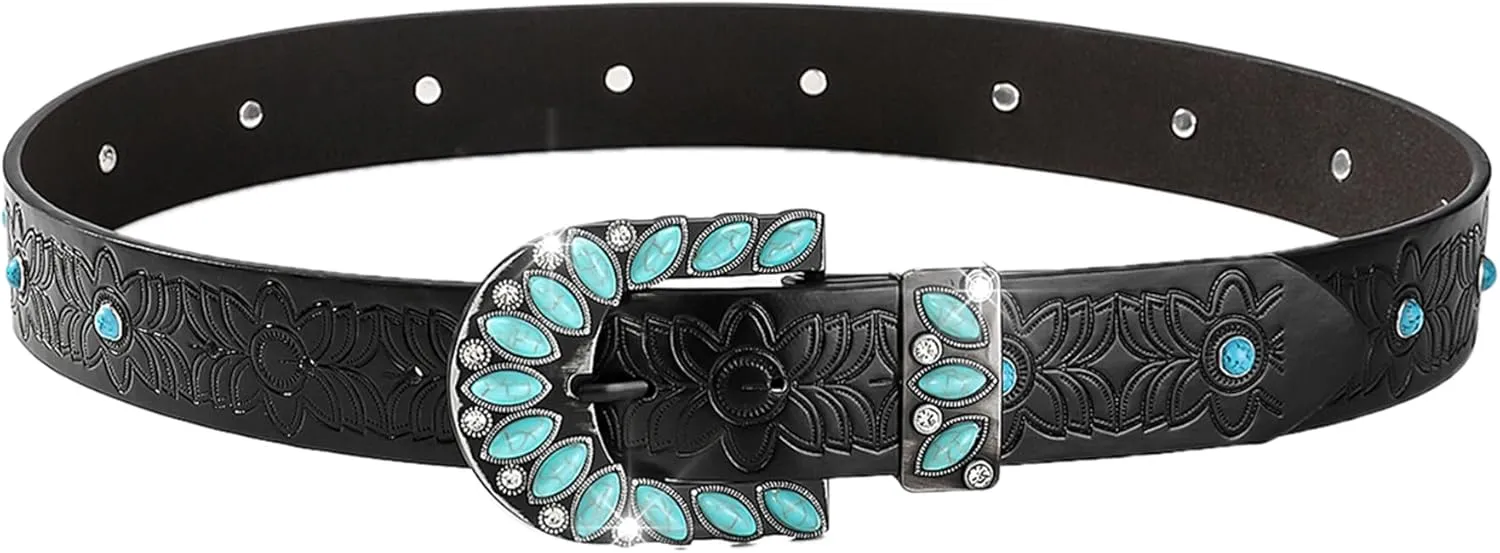 INOGIH Adjustable-Vintage-Western-Cowboy-Belt Women Men - Cowboy-Style Engraved-Buckle Belt for Jeans Pants Dresses