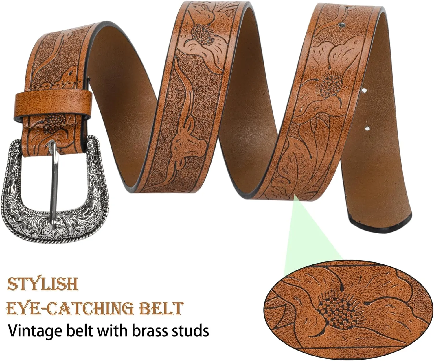 INOGIH Adjustable-Vintage-Western-Cowboy-Belt Women Men - Cowboy-Style Engraved-Buckle Belt for Jeans Pants Dresses