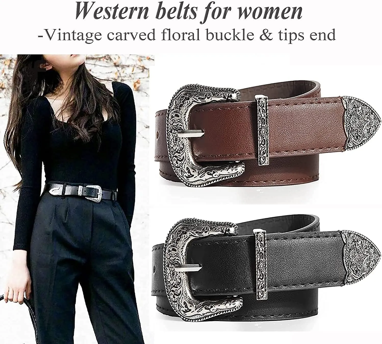 INOGIH Adjustable-Vintage-Western-Cowboy-Belt Women Men - Cowboy-Style Engraved-Buckle Belt for Jeans Pants Dresses