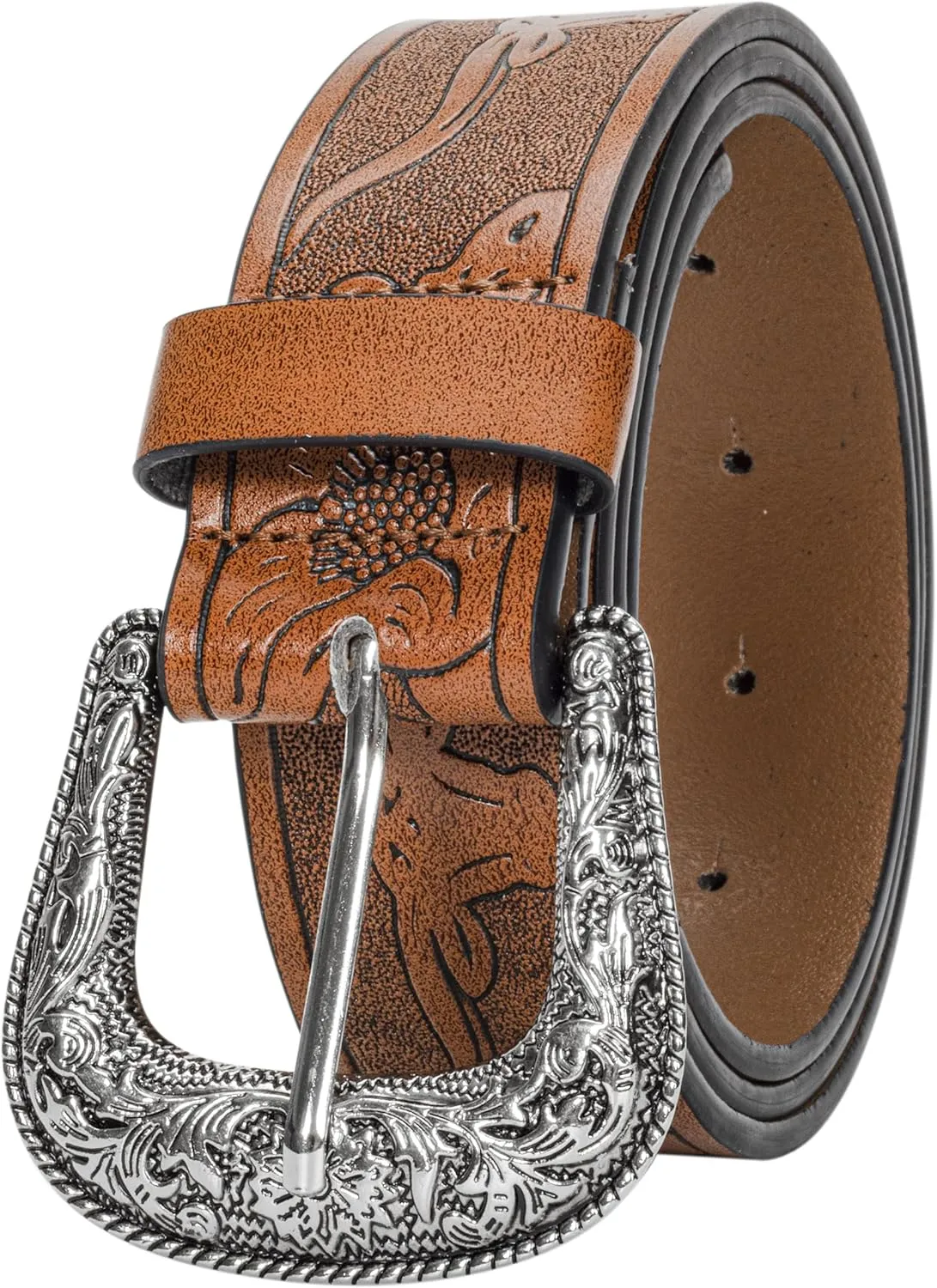 INOGIH Adjustable-Vintage-Western-Cowboy-Belt Women Men - Cowboy-Style Engraved-Buckle Belt for Jeans Pants Dresses