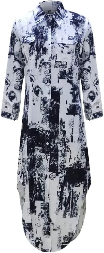 iQKA Women Plus Size Cotton Linen Button Down Shirt Dress Long Sleeve Casual Loose Pockets Mini Tunic Dress