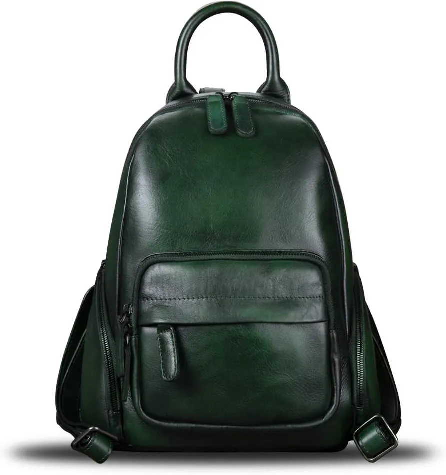IVTG Genuine Leather Backpack for Women Vintage Handmade Satchel Knapsack Retro Leather Rucksack Designer Daypack (Green)