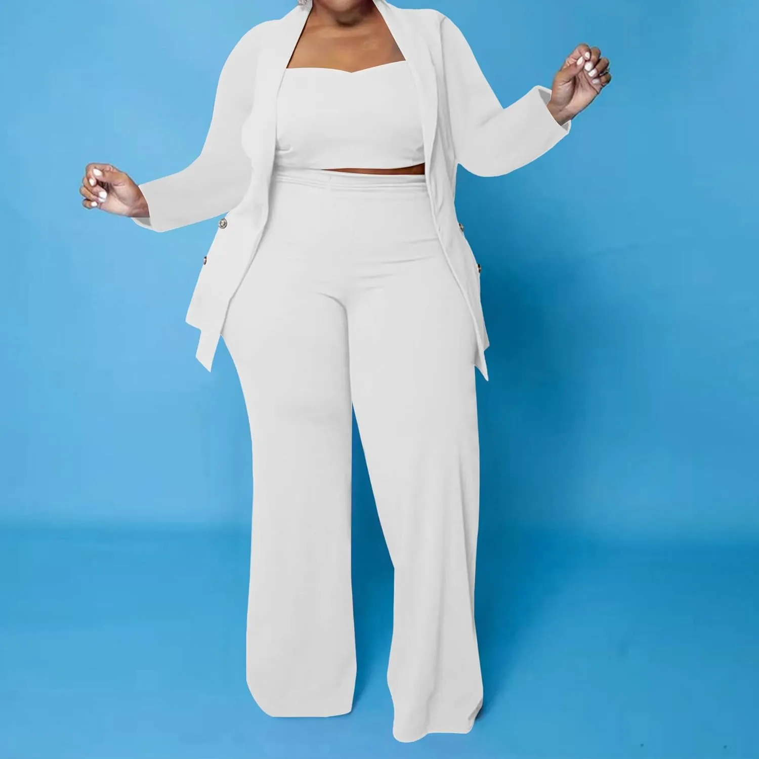 IyMoo Women's Plus Size 3 Piece Sets Outfit Tracksuit Crop Top Blazer Jacket and Wide Leg Long Pants Jumpsuit Romper Suits