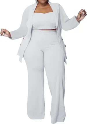 IyMoo Women's Plus Size 3 Piece Sets Outfit Tracksuit Crop Top Blazer Jacket and Wide Leg Long Pants Jumpsuit Romper Suits