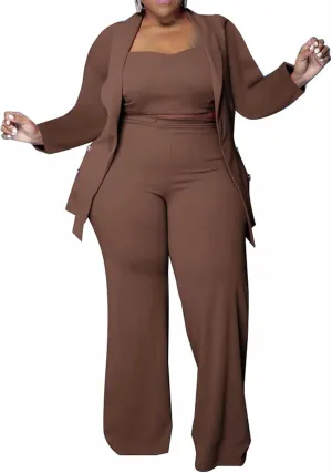 IyMoo Women's Plus Size 3 Piece Sets Outfit Tracksuit Crop Top Blazer Jacket and Wide Leg Long Pants Jumpsuit Romper Suits