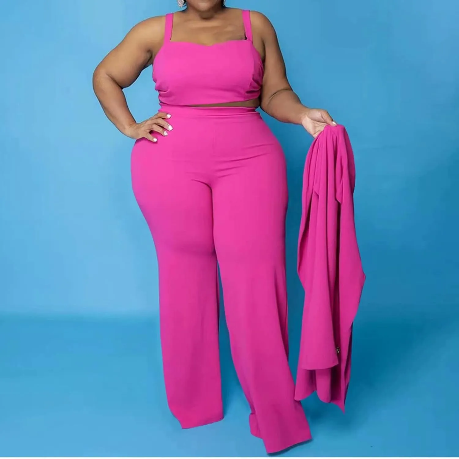 IyMoo Women's Plus Size 3 Piece Sets Outfit Tracksuit Crop Top Blazer Jacket and Wide Leg Long Pants Jumpsuit Romper Suits