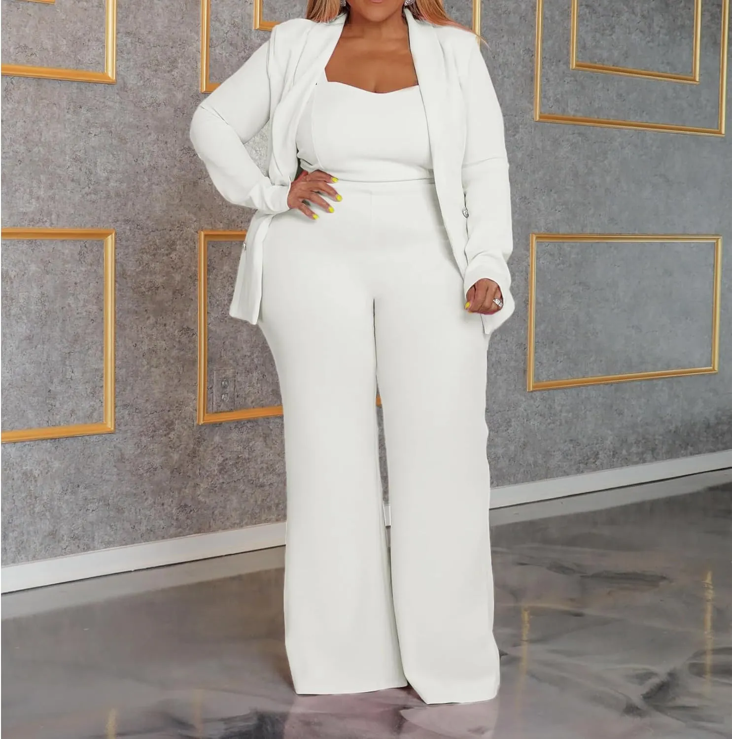 IyMoo Women's Plus Size 3 Piece Sets Outfit Tracksuit Crop Top Blazer Jacket and Wide Leg Long Pants Jumpsuit Romper Suits