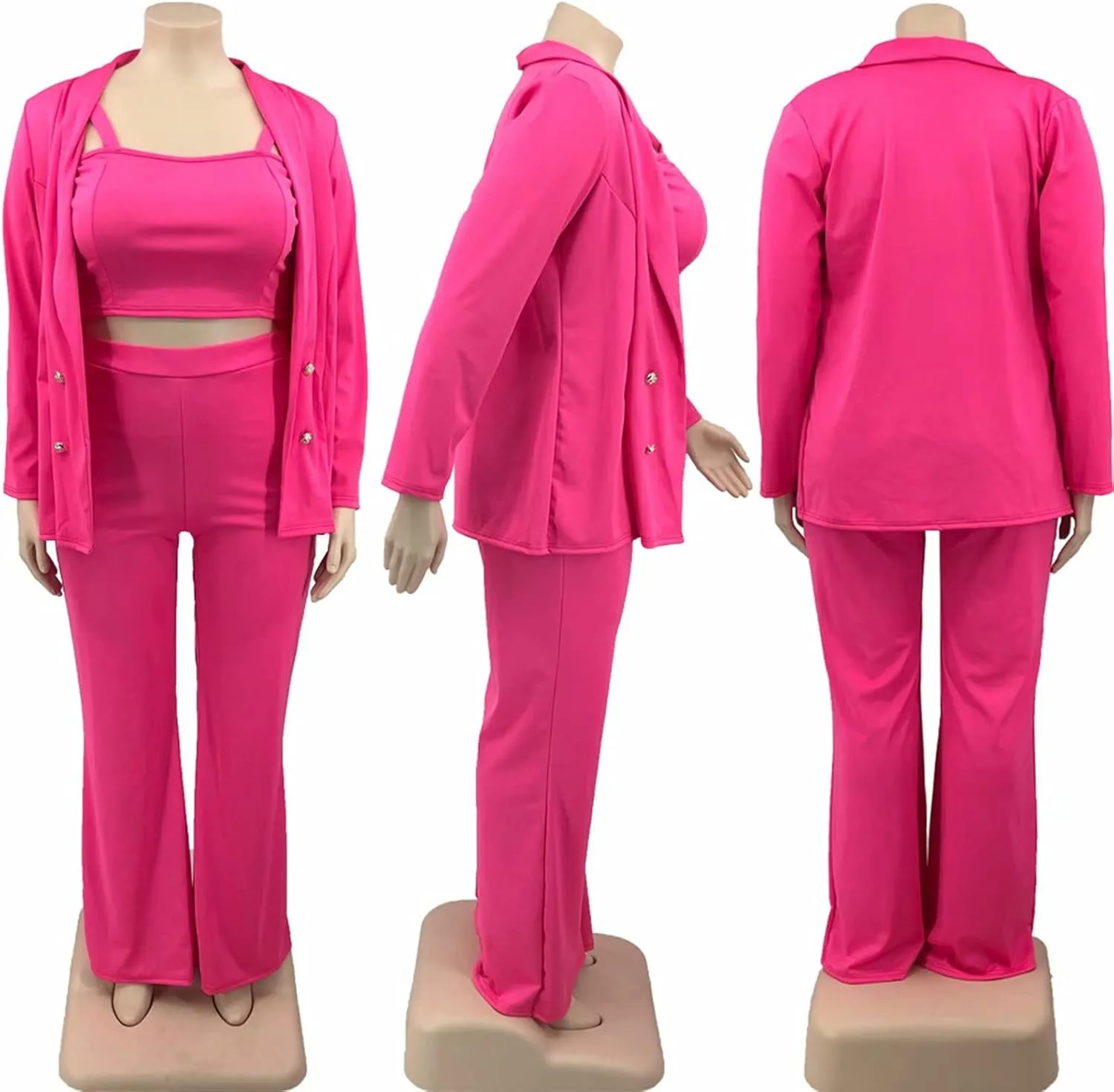 IyMoo Women's Plus Size 3 Piece Sets Outfit Tracksuit Crop Top Blazer Jacket and Wide Leg Long Pants Jumpsuit Romper Suits