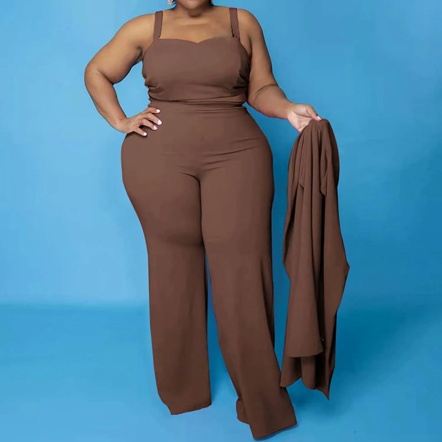 IyMoo Women's Plus Size 3 Piece Sets Outfit Tracksuit Crop Top Blazer Jacket and Wide Leg Long Pants Jumpsuit Romper Suits