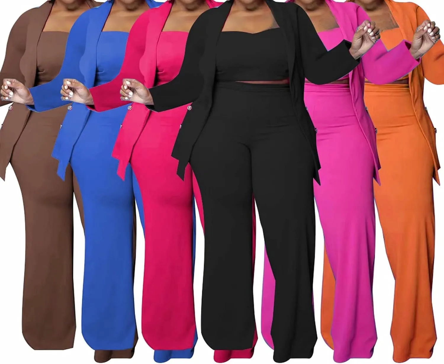 IyMoo Women's Plus Size 3 Piece Sets Outfit Tracksuit Crop Top Blazer Jacket and Wide Leg Long Pants Jumpsuit Romper Suits