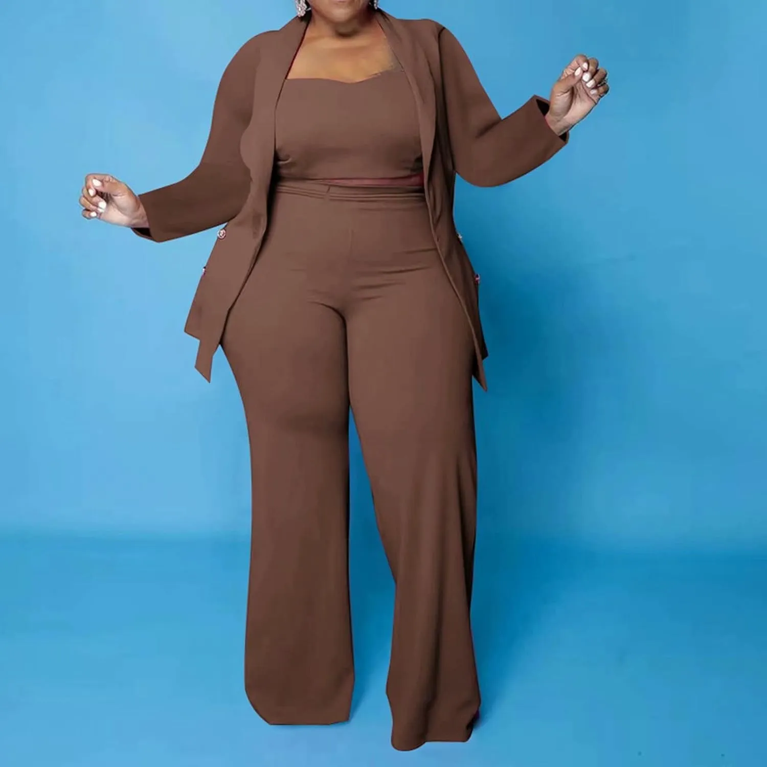 IyMoo Women's Plus Size 3 Piece Sets Outfit Tracksuit Crop Top Blazer Jacket and Wide Leg Long Pants Jumpsuit Romper Suits