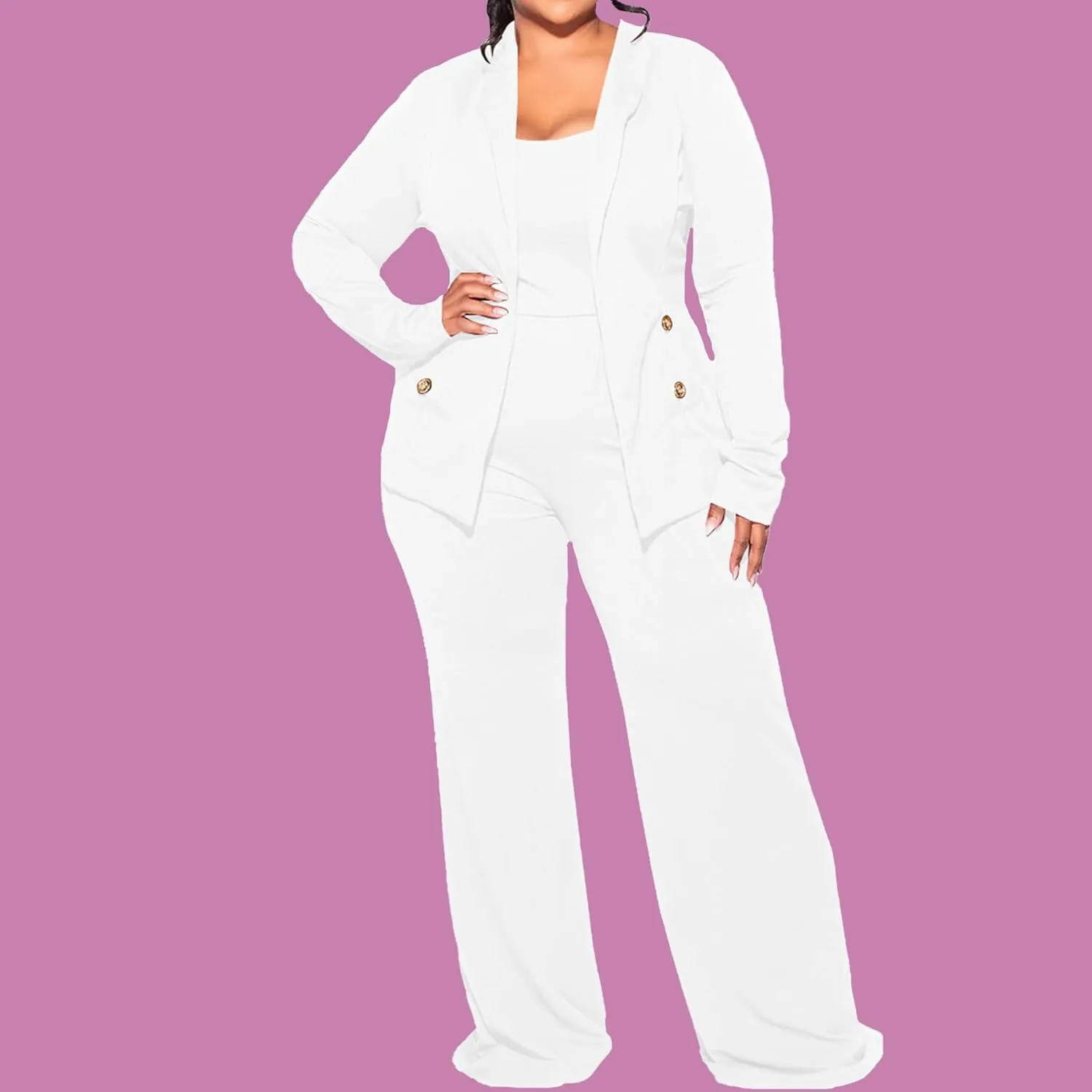 IyMoo Women's Plus Size 3 Piece Sets Outfit Tracksuit Crop Top Blazer Jacket and Wide Leg Long Pants Jumpsuit Romper Suits