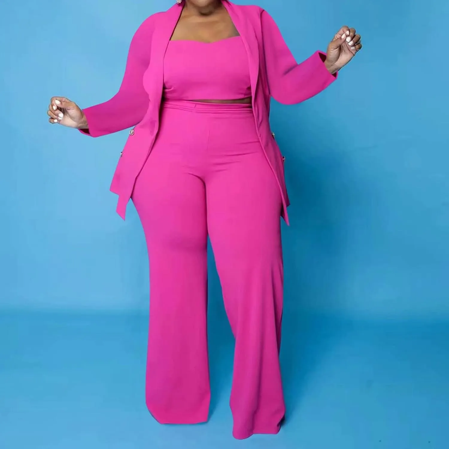 IyMoo Women's Plus Size 3 Piece Sets Outfit Tracksuit Crop Top Blazer Jacket and Wide Leg Long Pants Jumpsuit Romper Suits