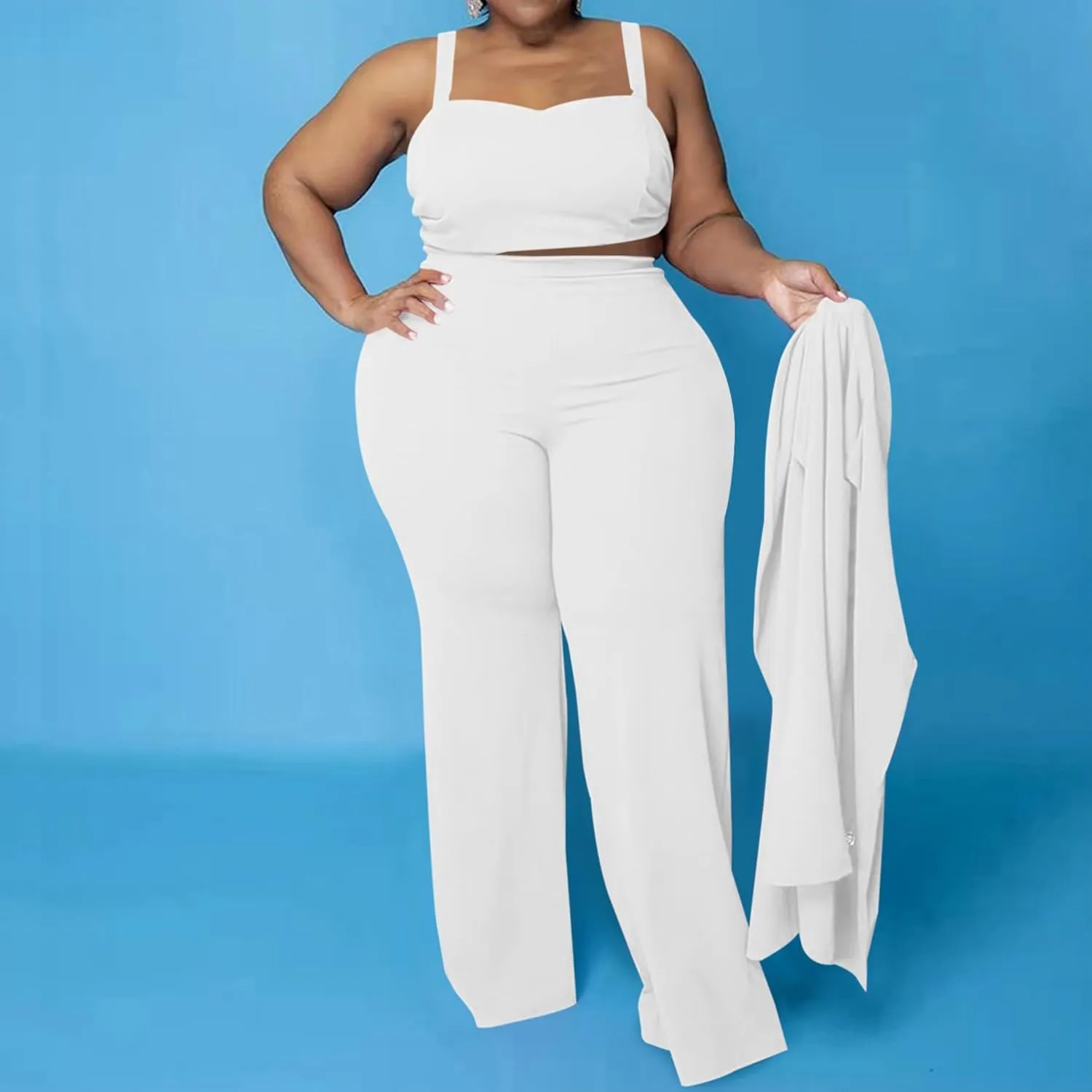 IyMoo Women's Plus Size 3 Piece Sets Outfit Tracksuit Crop Top Blazer Jacket and Wide Leg Long Pants Jumpsuit Romper Suits