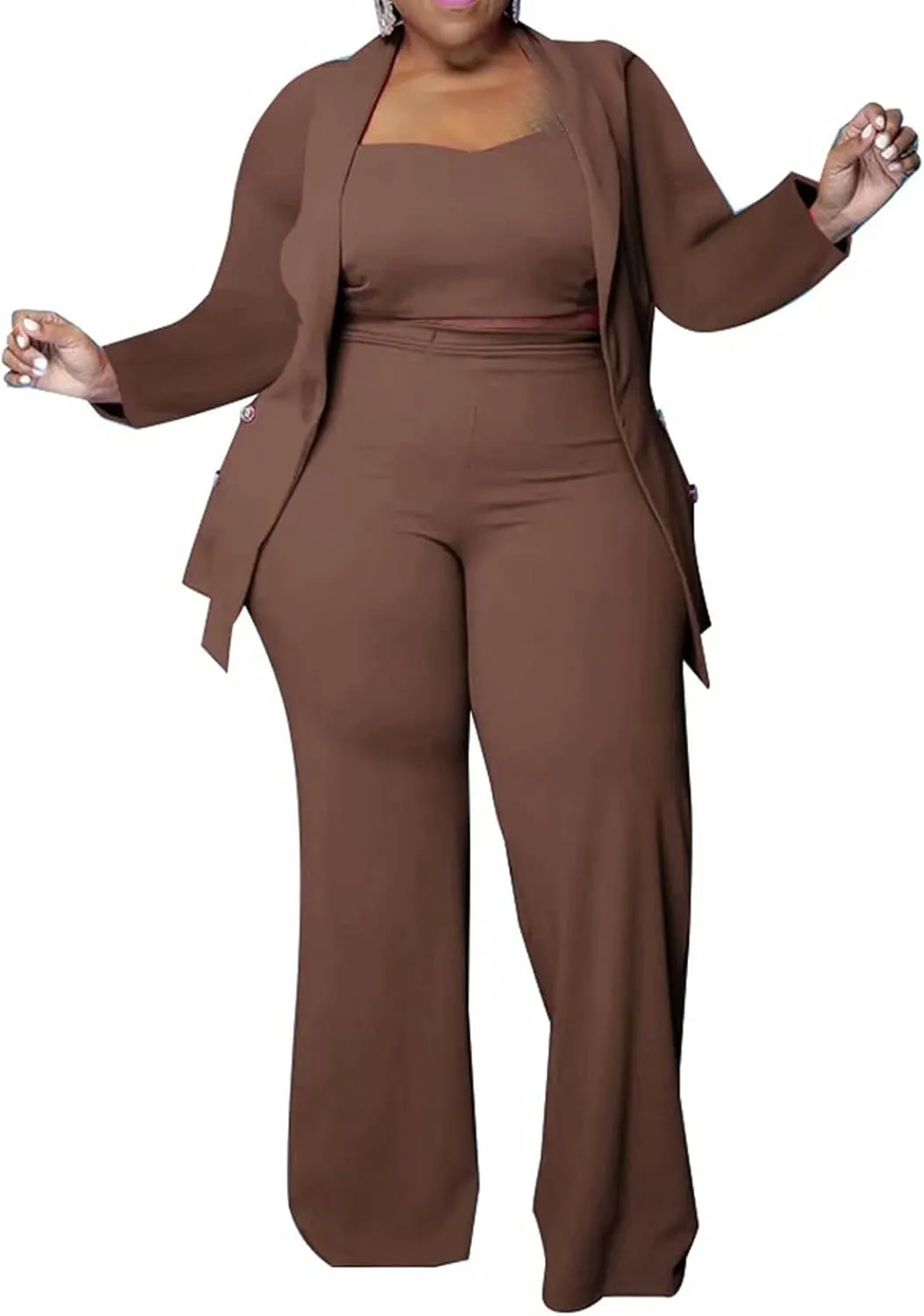 IyMoo Women's Plus Size 3 Piece Sets Outfit Tracksuit Crop Top Blazer Jacket and Wide Leg Long Pants Jumpsuit Romper Suits