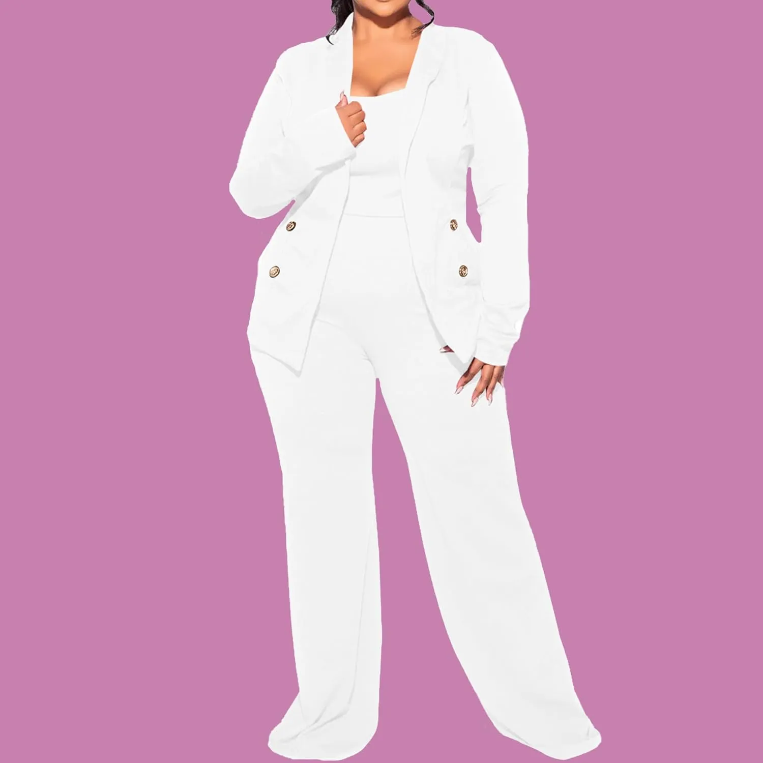 IyMoo Women's Plus Size 3 Piece Sets Outfit Tracksuit Crop Top Blazer Jacket and Wide Leg Long Pants Jumpsuit Romper Suits